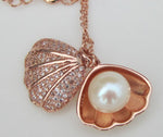 Diamond Studded Seashell Pearl Necklace- Rose Gold